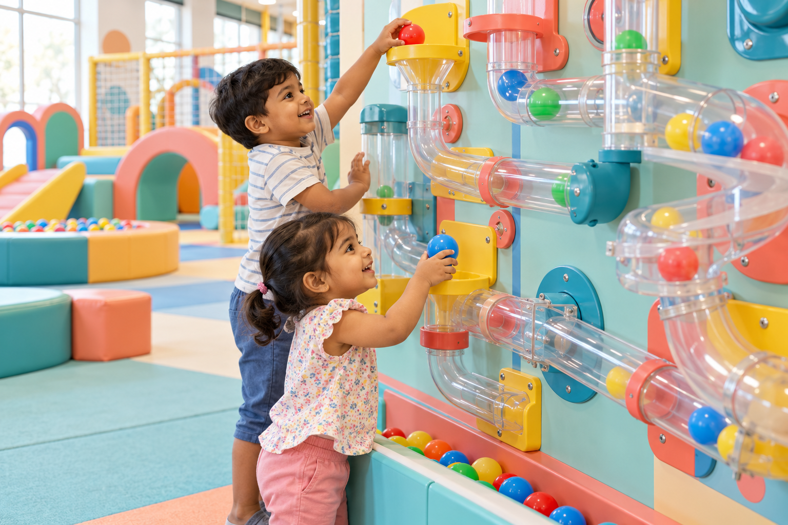Two toddlers exploring a colourful transparent ball maze