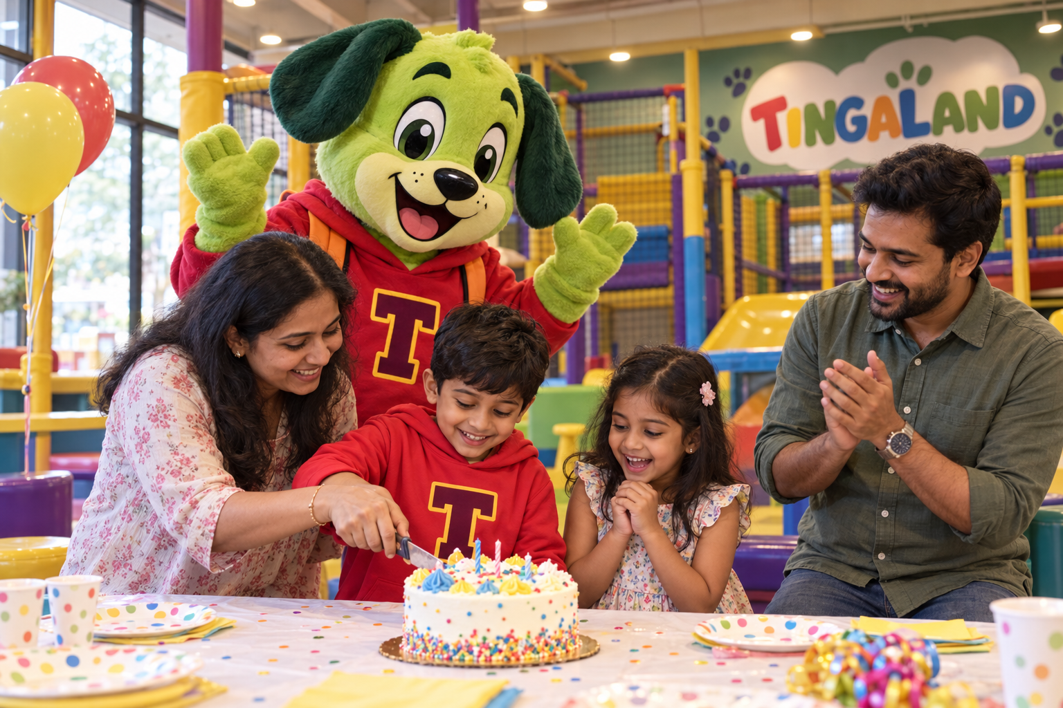Birthday themes 1 A tingaland birthday child cutting a cake with family and the tinga mascot