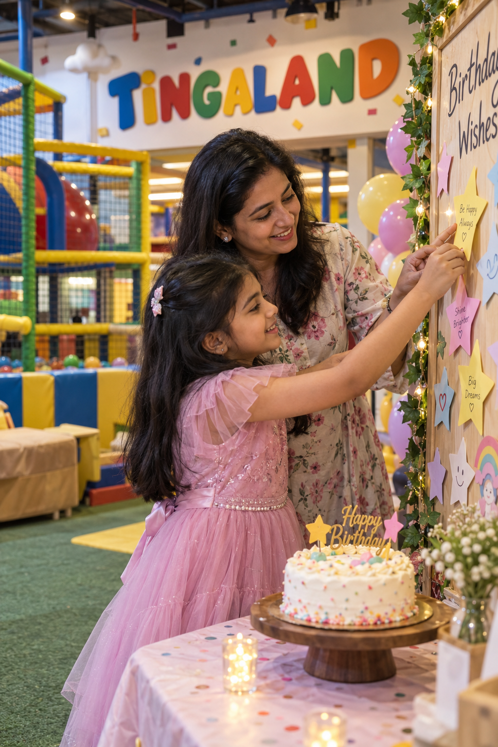 A child and parent adding a birthday wish at tingaland