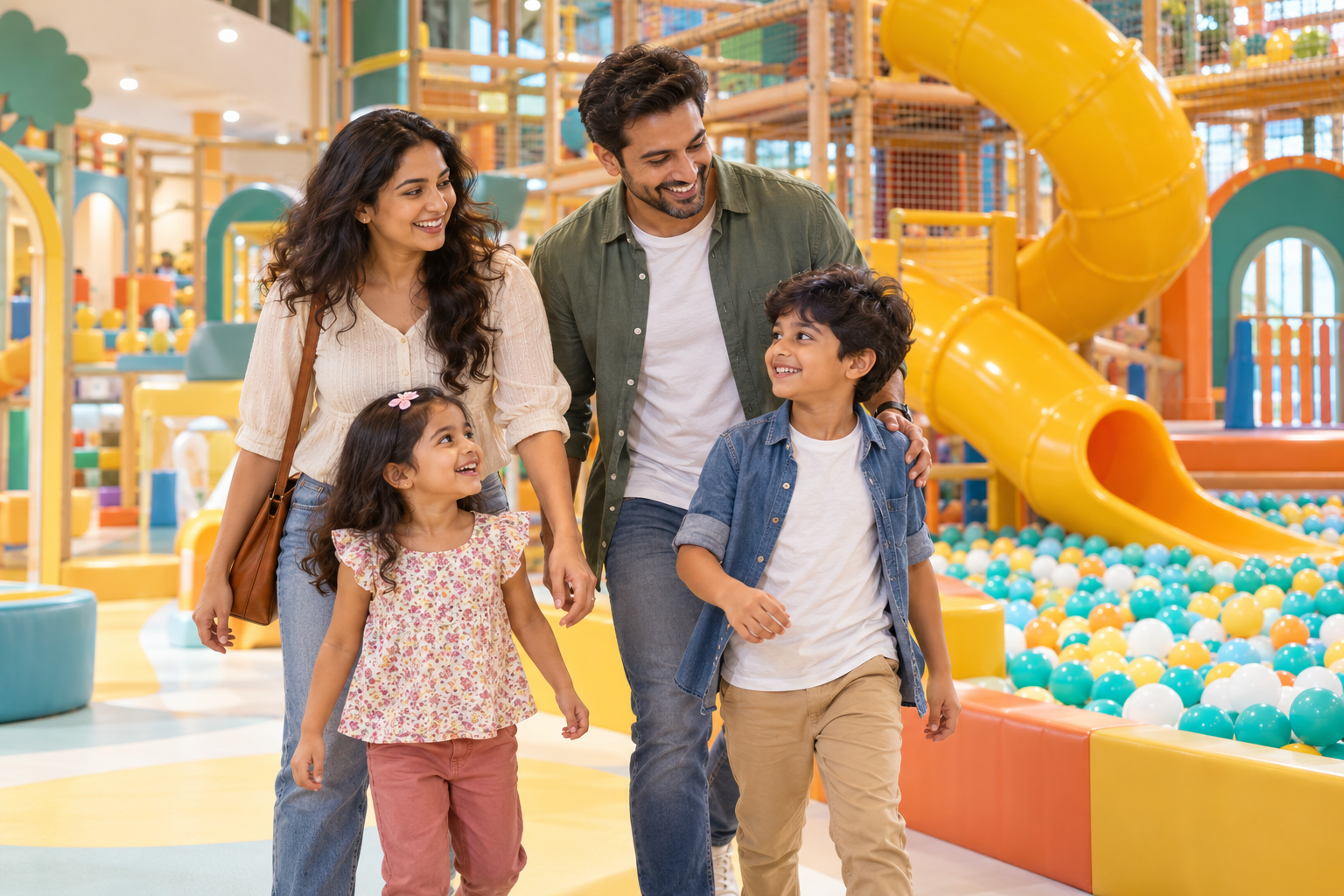Illustration of a family enjoying a colourful indoor play centre