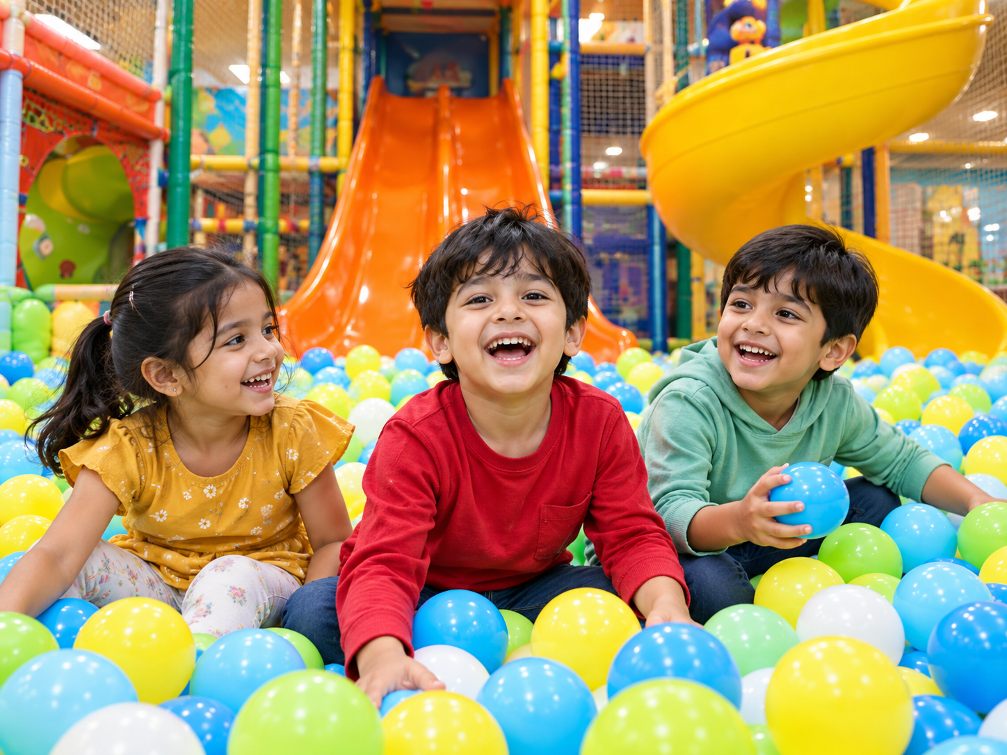 Tingaland redesign — home 3 Three happy children playing in a colourful ball pit