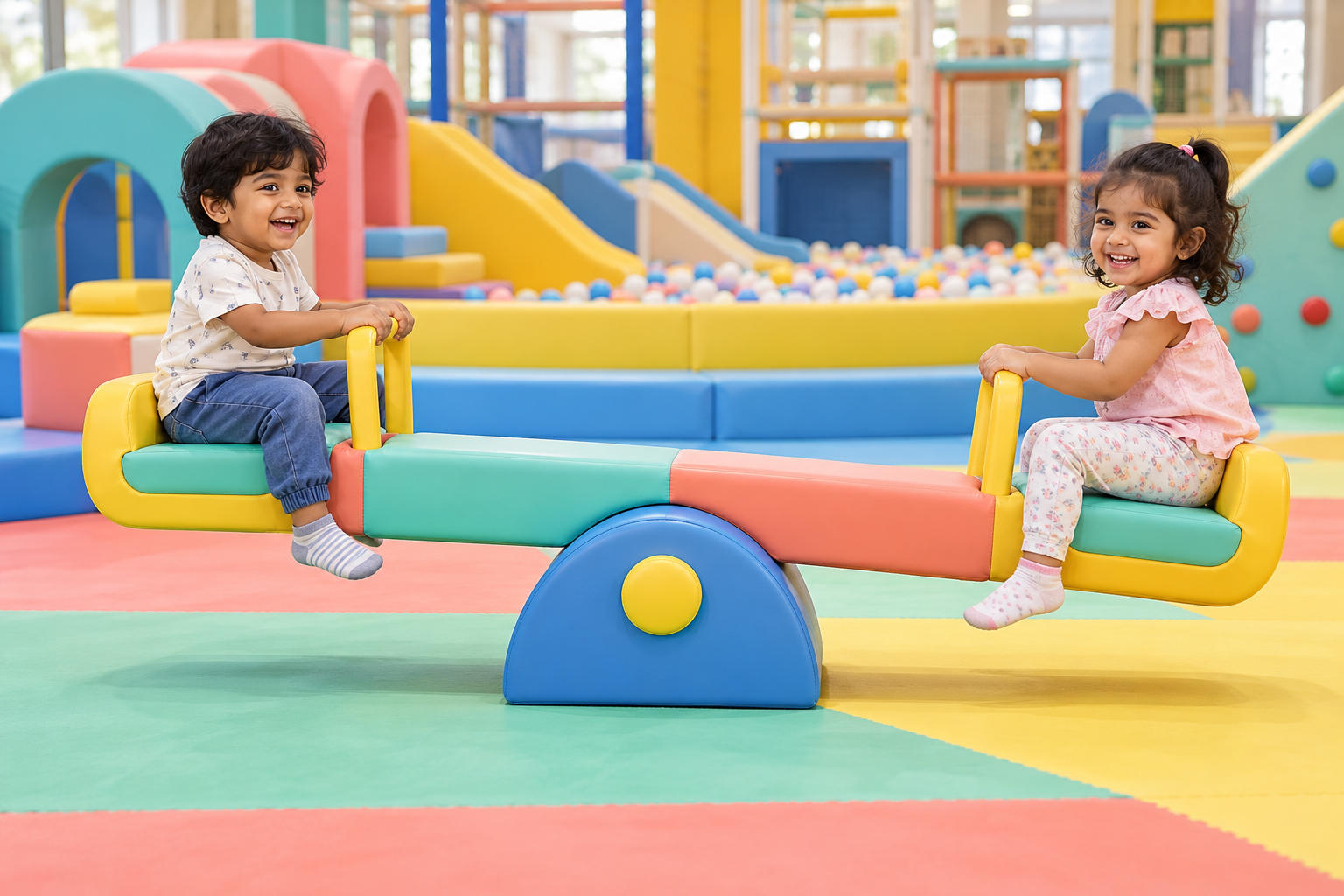 Two toddlers enjoying a colourful soft indoor see saw