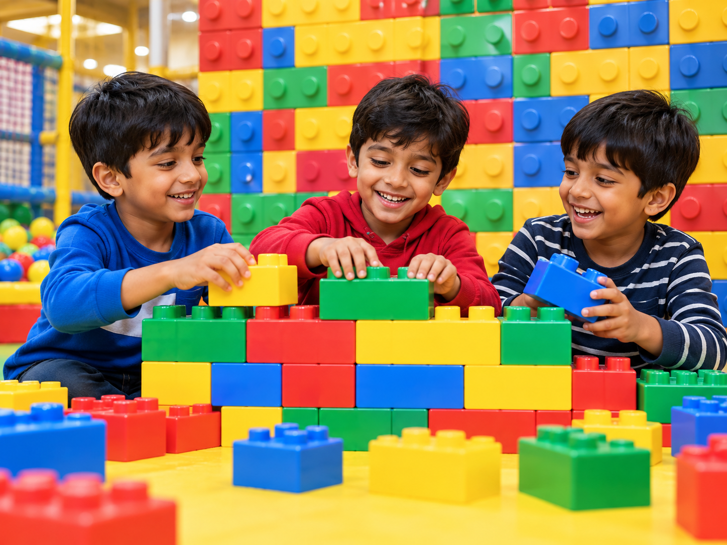 Tingaland redesign — home 12 Children building together with colourful toy bricks