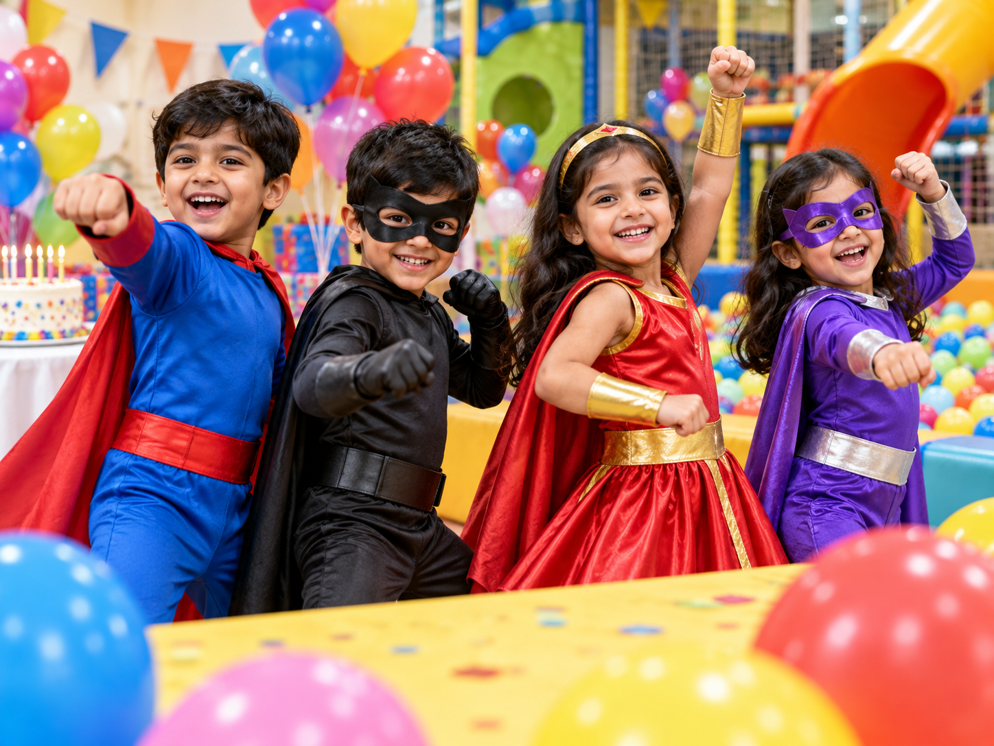 Tingaland redesign — home 11 Children celebrating in colourful superhero costumes