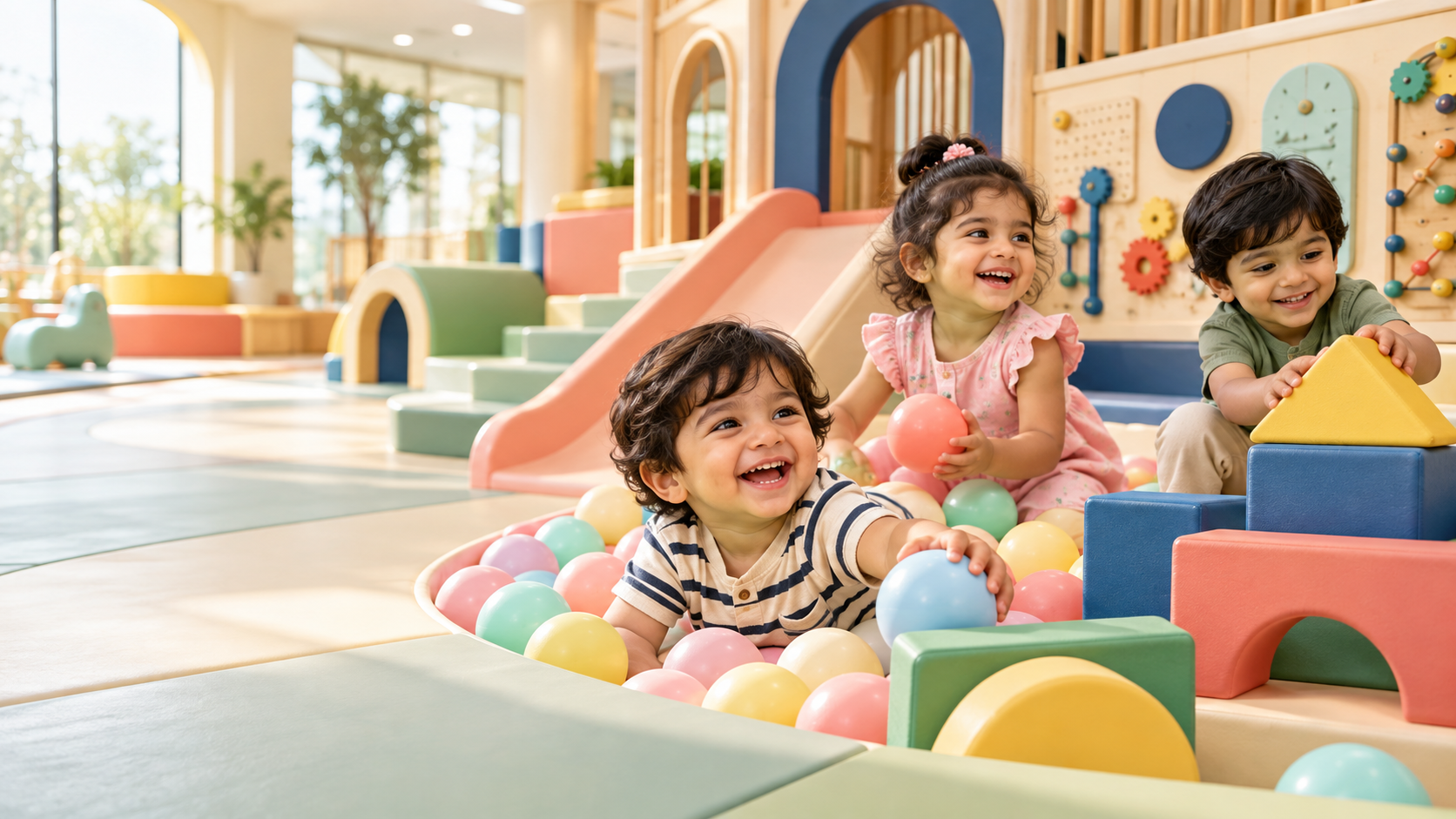 Happy toddlers playing together in a premium indoor soft play zone
