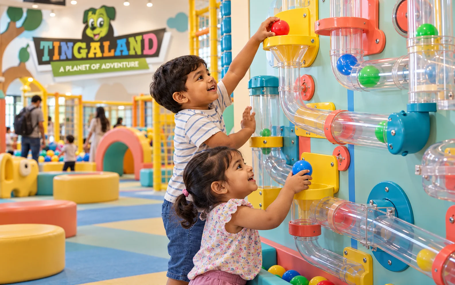 Two toddlers explore tingaland's colourful transparent ball maze