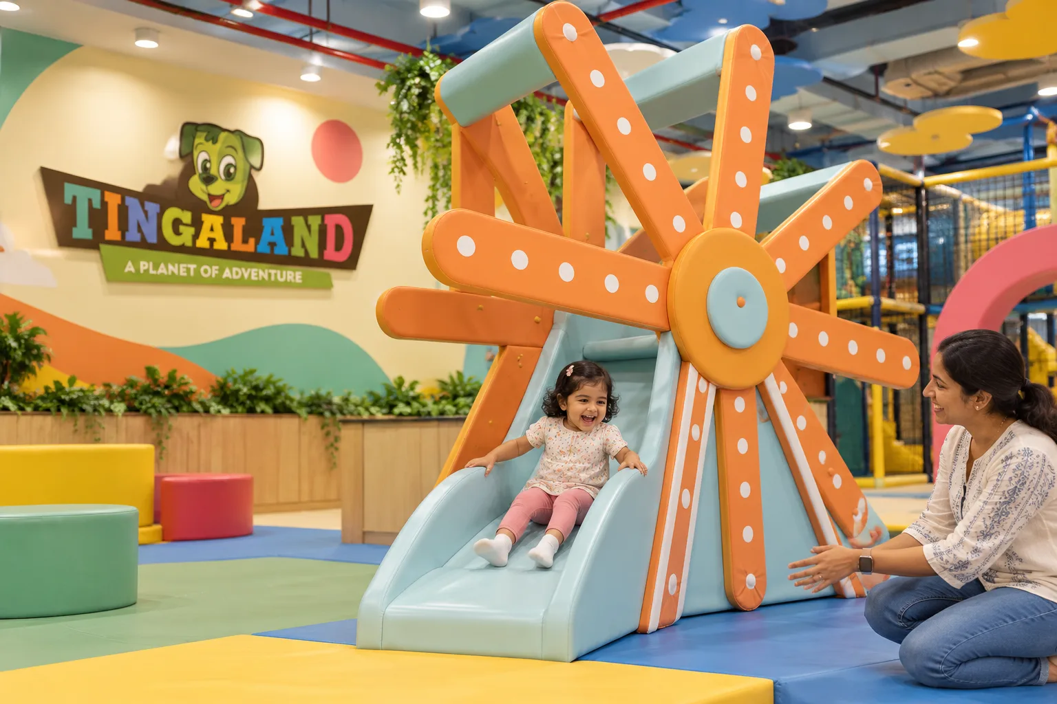 Toddler enjoying the tingaland ferris wheel slide with a parent nearby