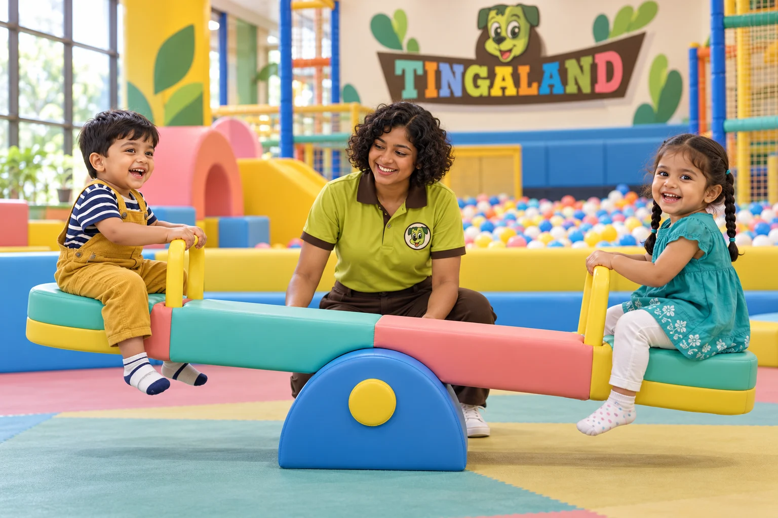 Two toddlers on the tingaland soft see saw with a curly-haired uniformed play attendant