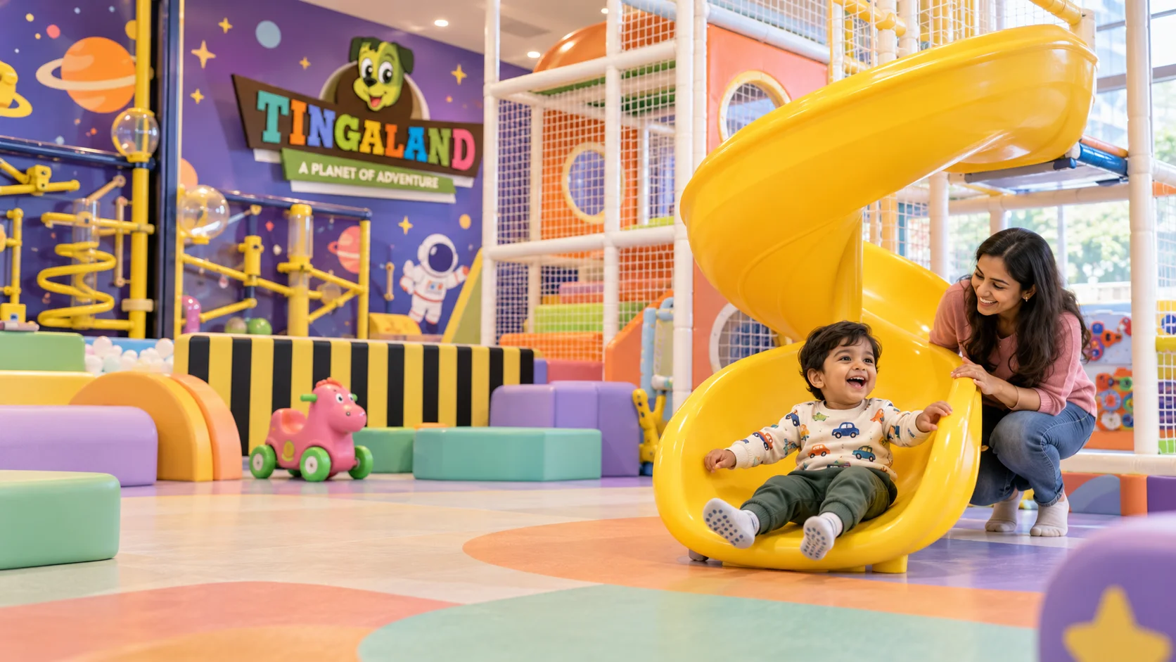 Toddler spiral slide 1 Toddler smiles at the yellow tingaland spiral slide with a parent nearby