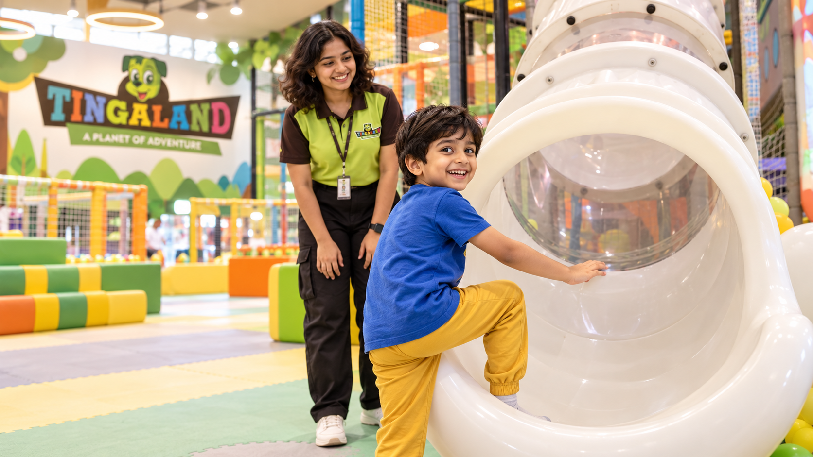 A happy child and tingaland team member at the tube slide entrance