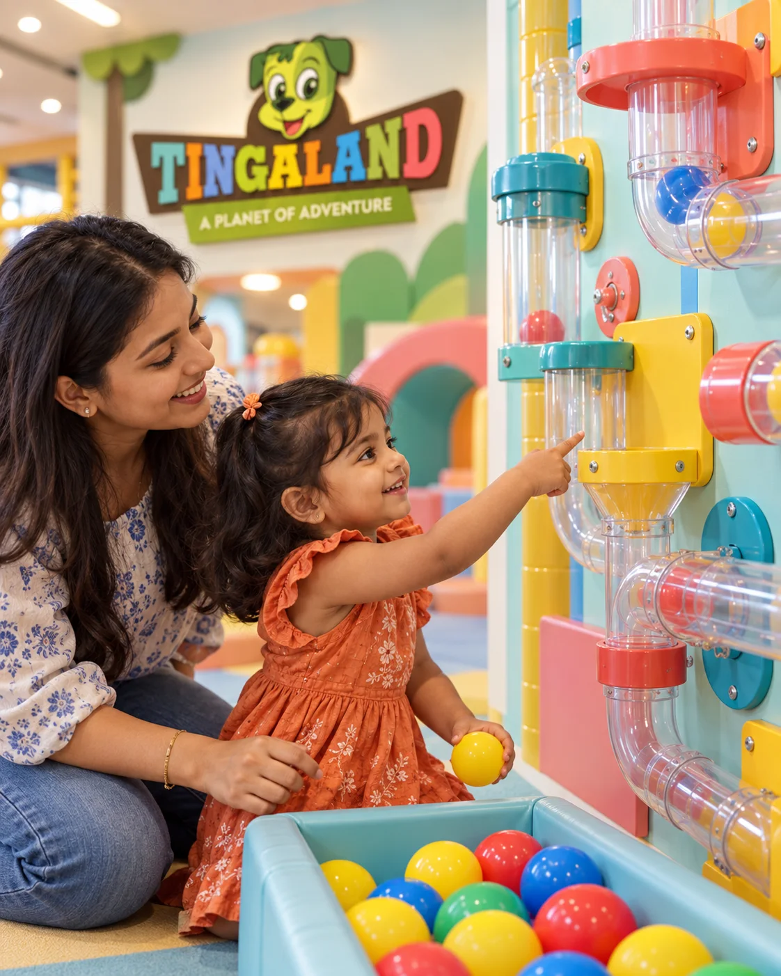 Toddler chooses a yellow ball with her parent beside the maze