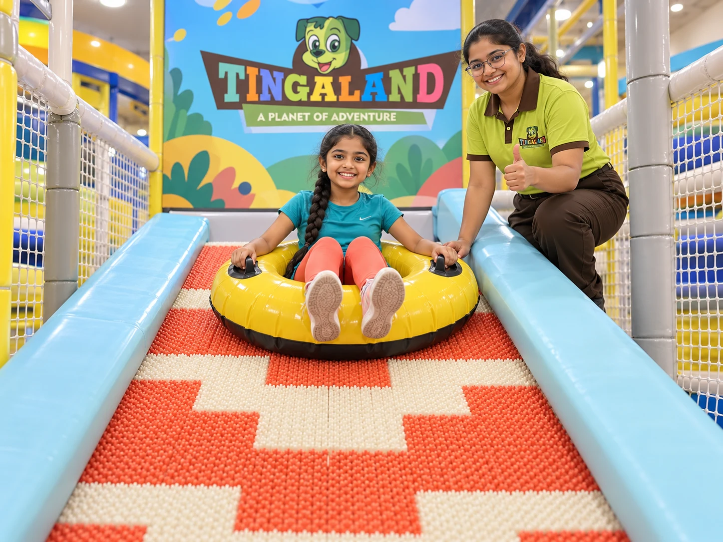 Girl in a yellow donut ring receiving a thumbs-up from a tingaland play attendant