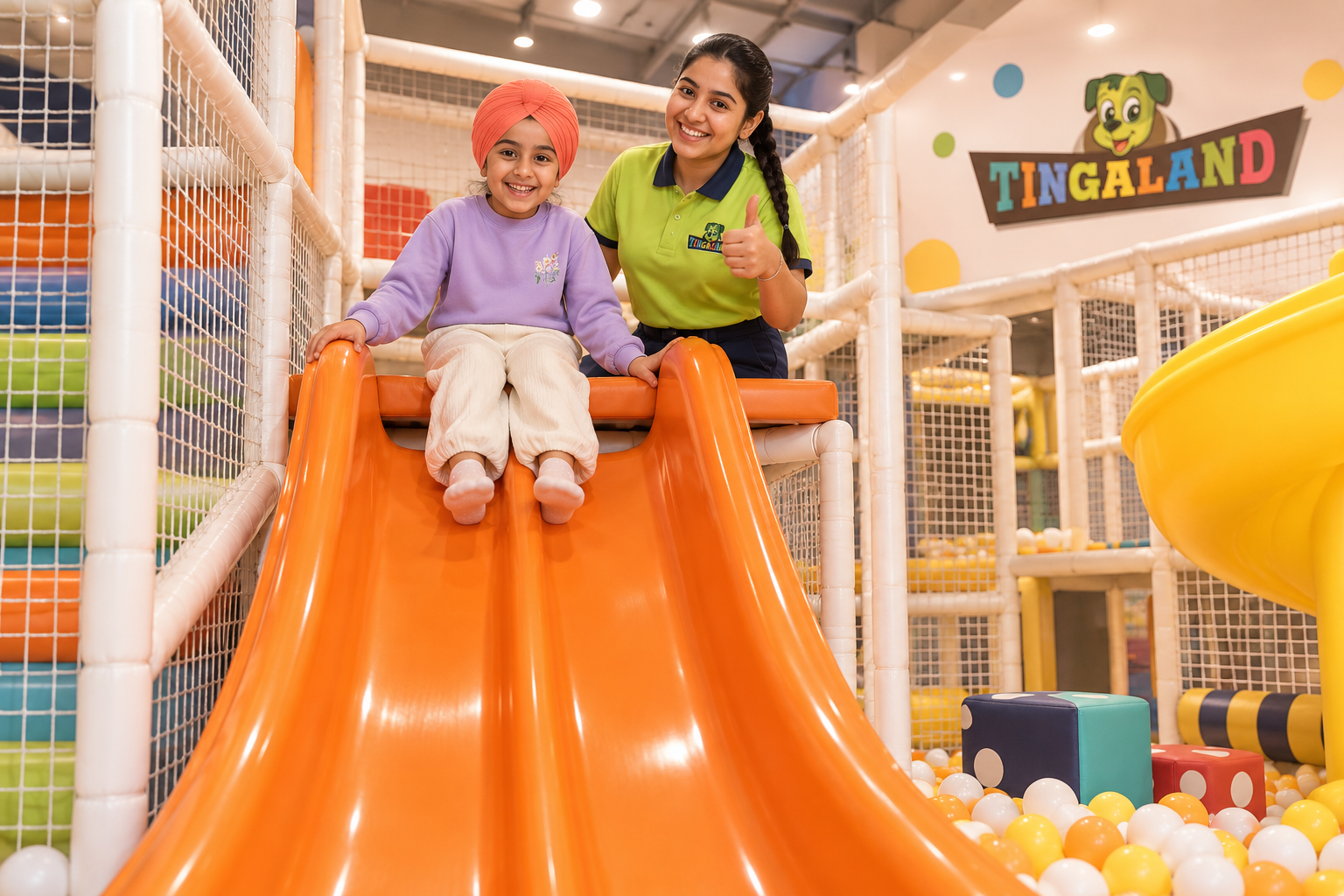 Drop slide 3 Sikh girl at the drop slide launch with a reassuring tingaland attendant