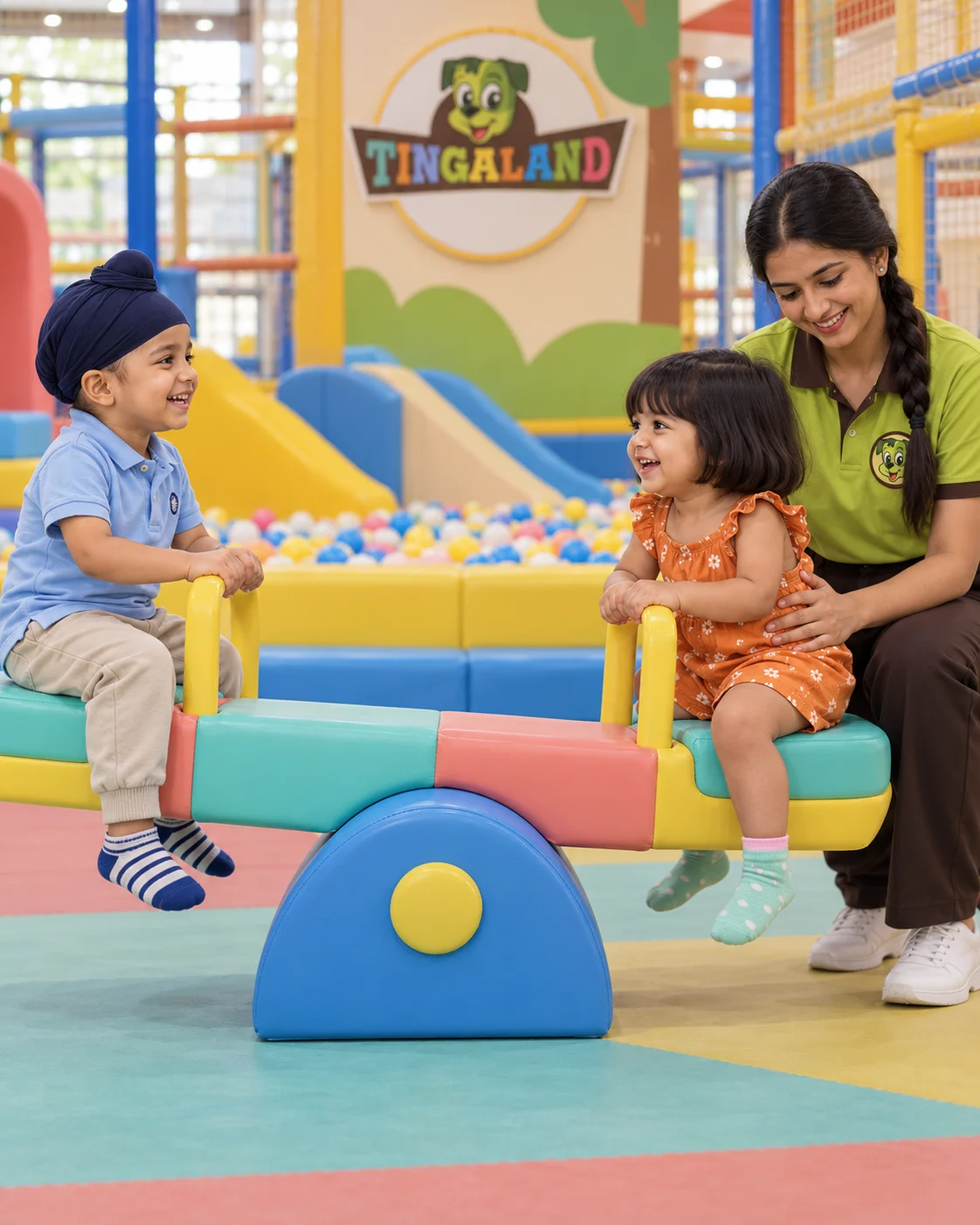 A braided tingaland play attendant supports two toddlers on their first see saw turn