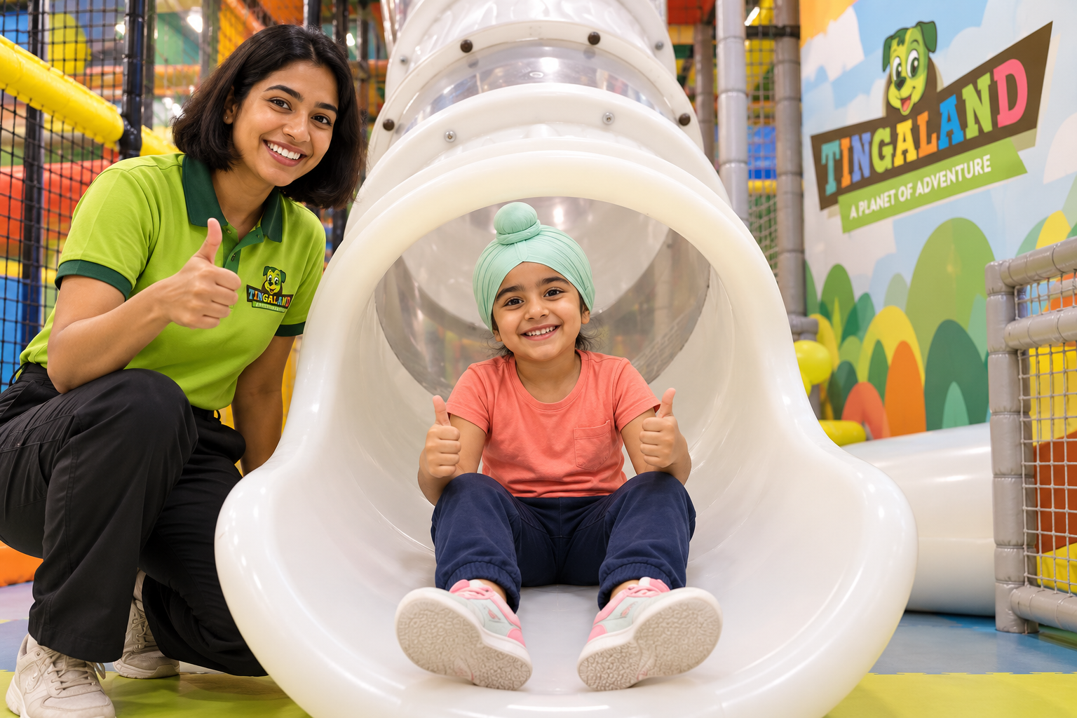 A child getting ready at the tube slide with a tingaland team member