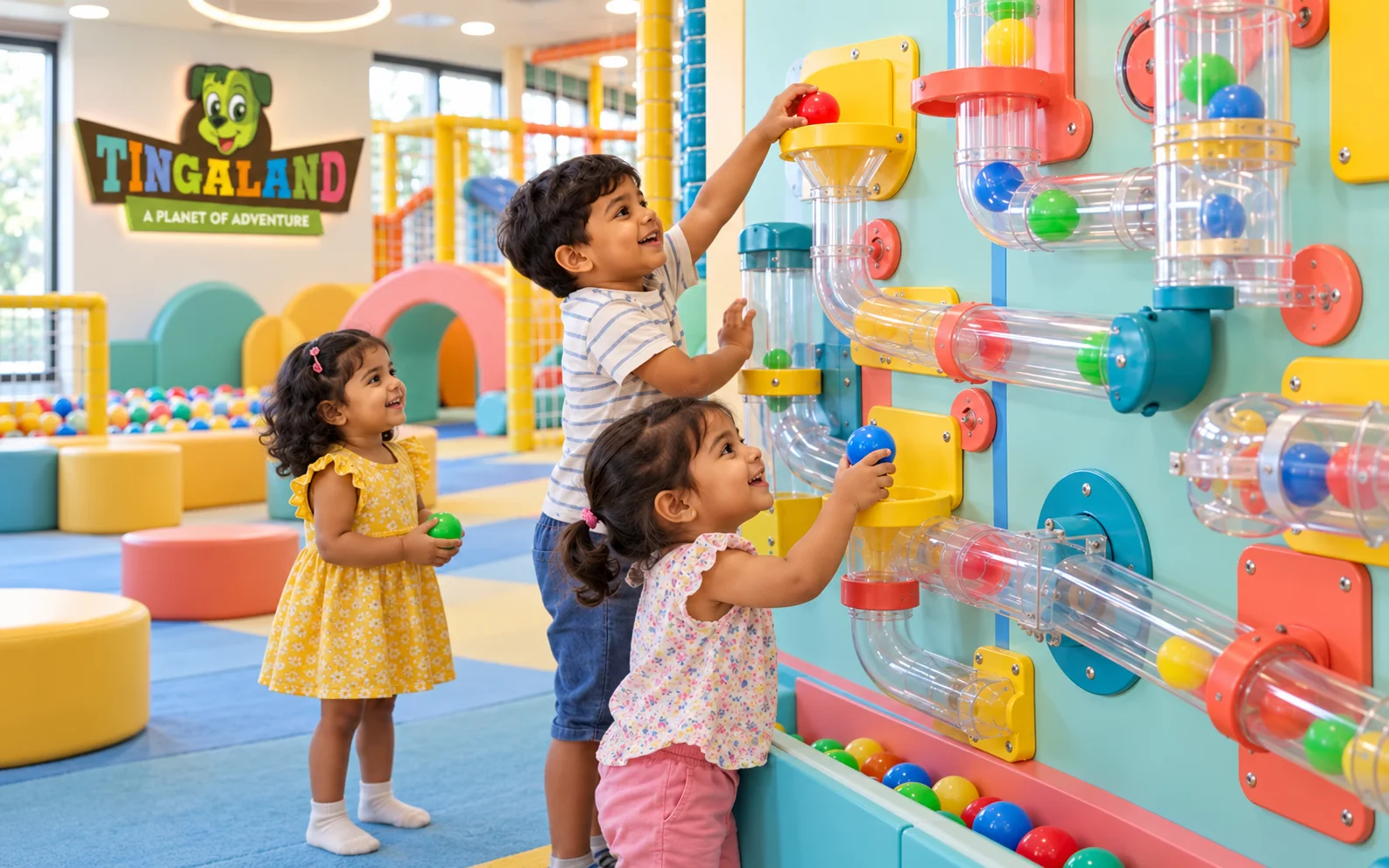 Full tingaland ball maze wall with children exploring
