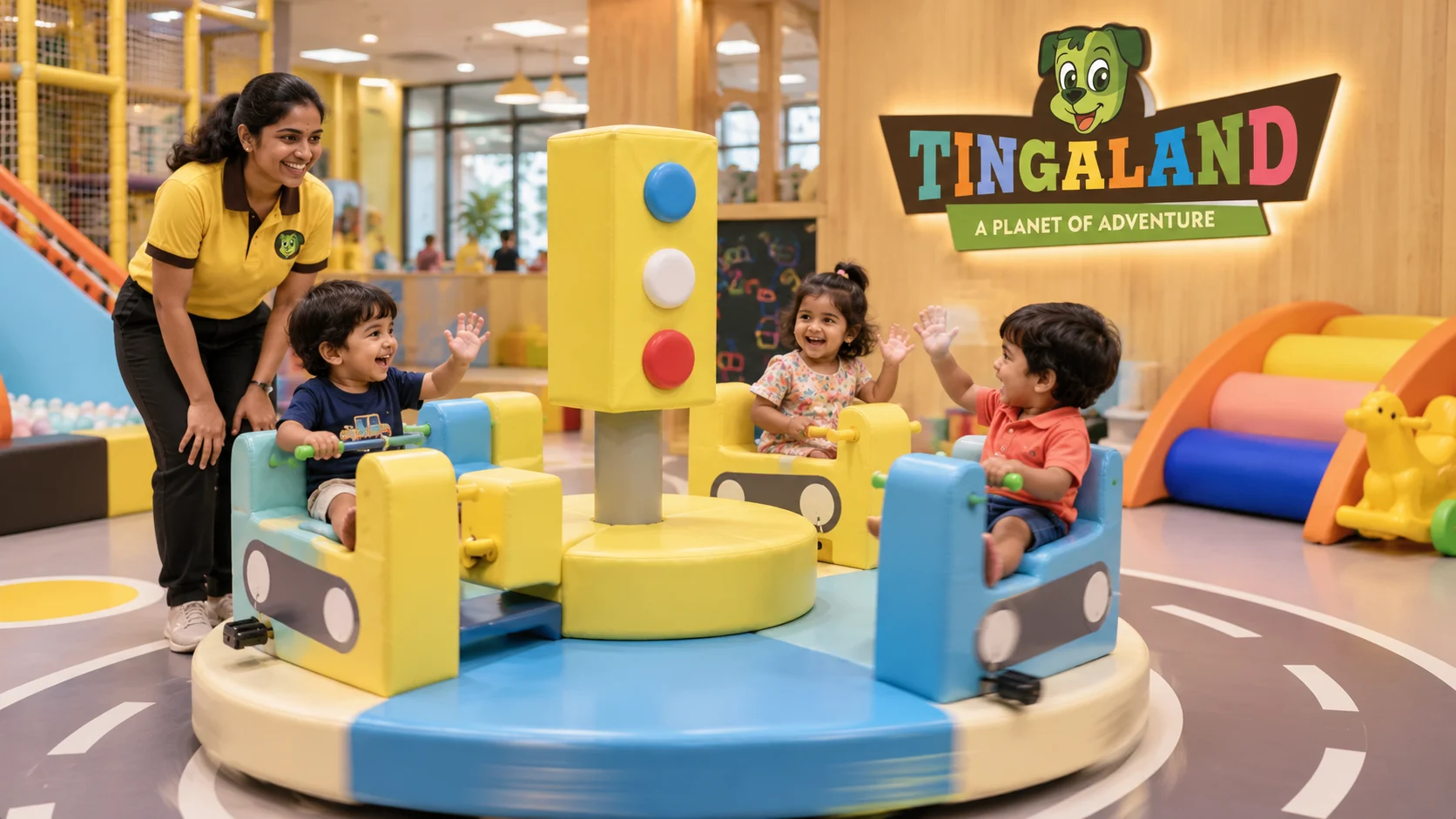 Three toddler friends waving on the tingaland ride