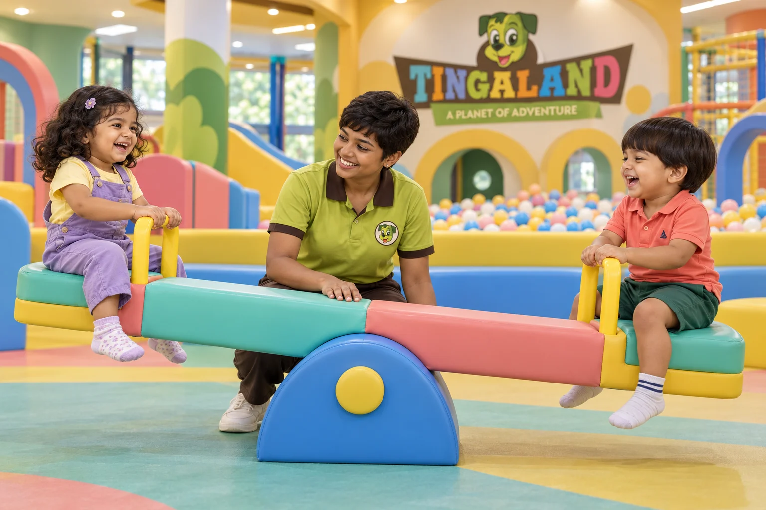 A short-haired tingaland attendant guides two toddlers through a balanced see saw moment