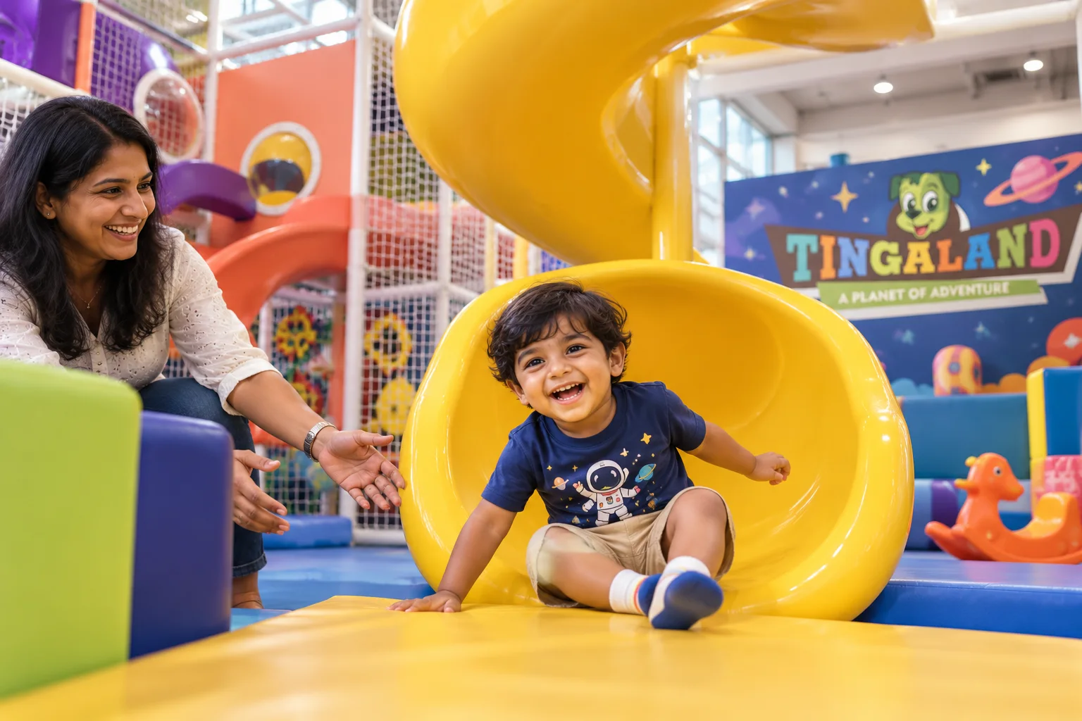 Toddler spiral slide 4 Happy toddler emerges from the yellow slide as a parent waits nearby