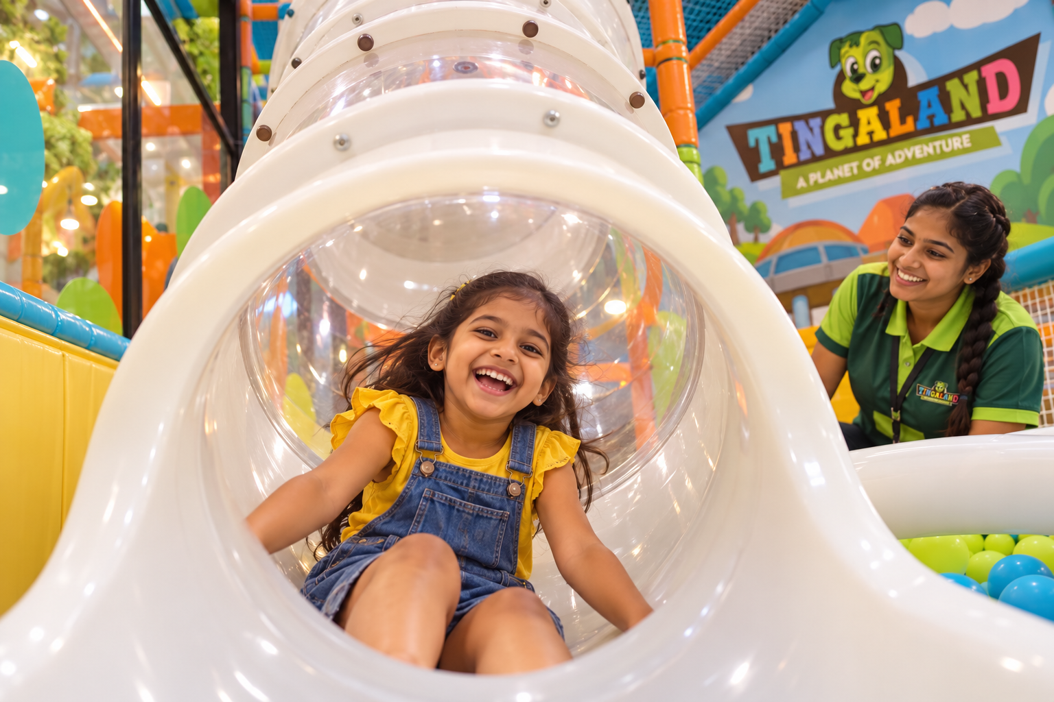 A smiling child travelling through the transparent tube slide
