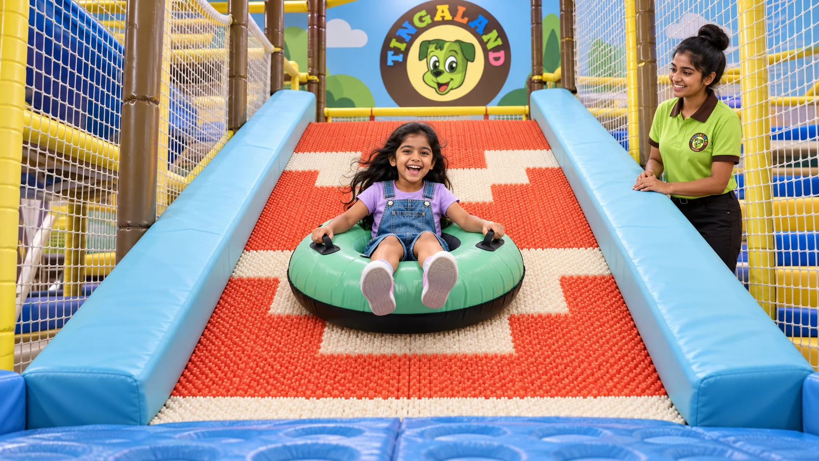 Wide view of the padded donut slide with a girl riding and a uniformed tingaland attendant watching