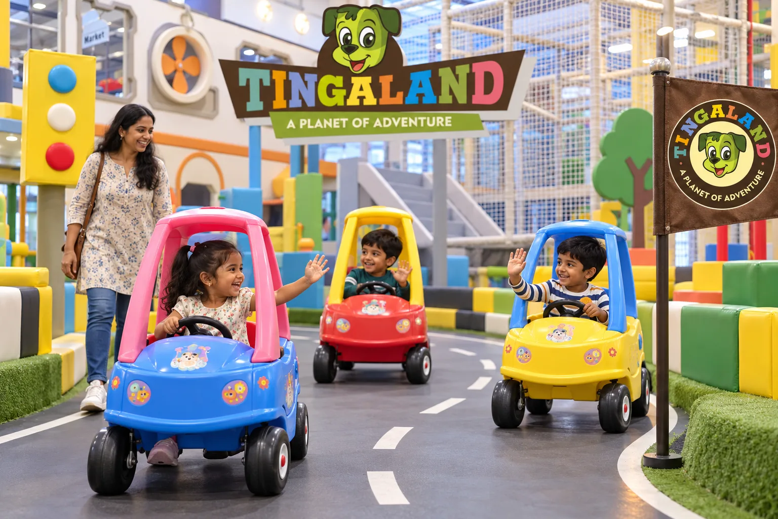 Toddler friends driving a colourful tingaland convoy