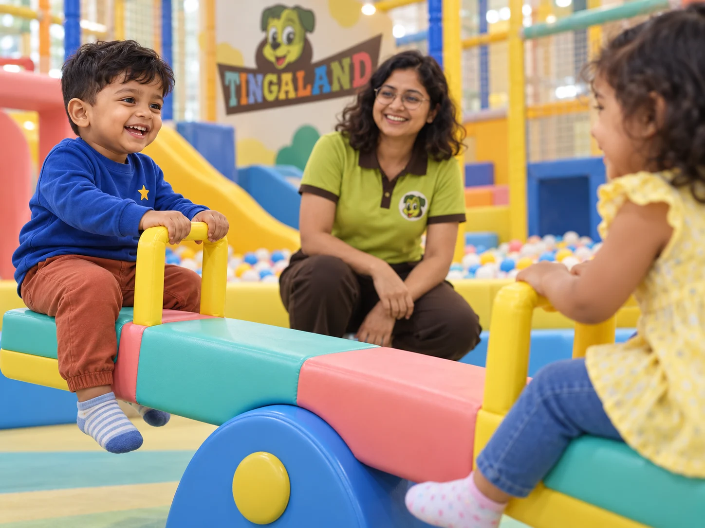 Two toddlers hold the soft see saw handles while a glasses-wearing tingaland attendant supervises
