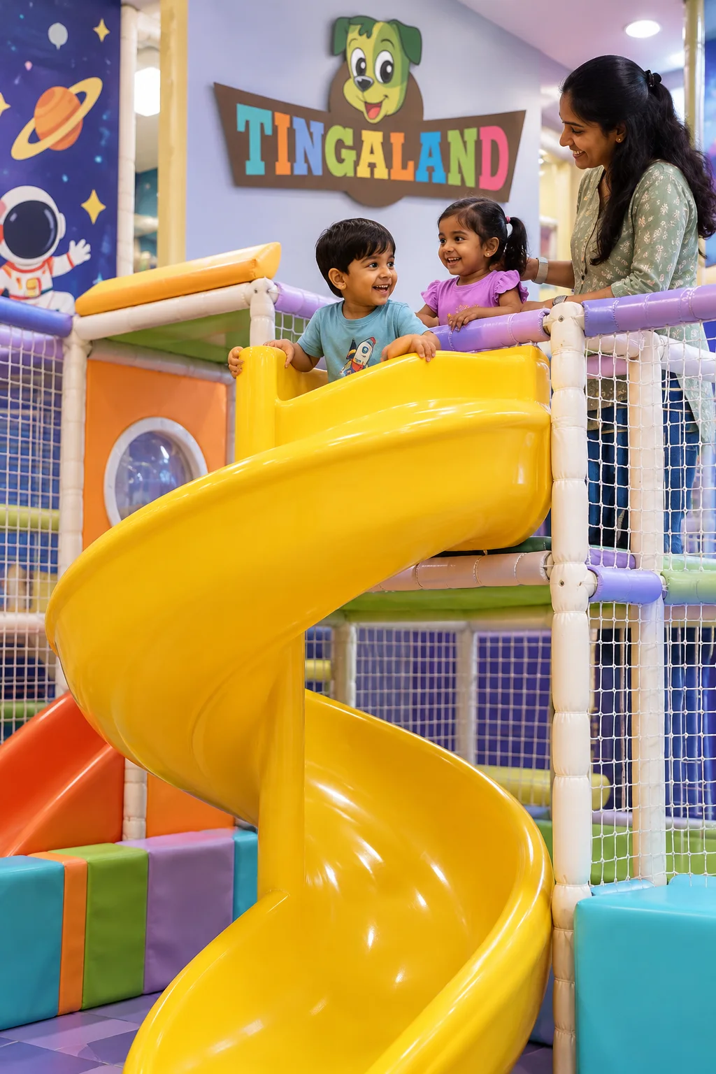 Toddler spiral slide 3 Two toddlers share a joyful turn-taking moment at the slide entrance