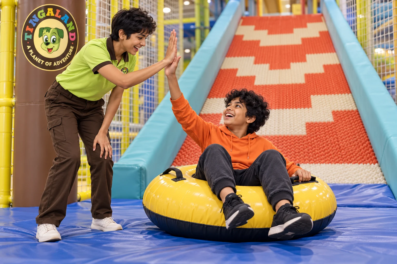 Boy celebrating a safe landing with a tingaland play attendant