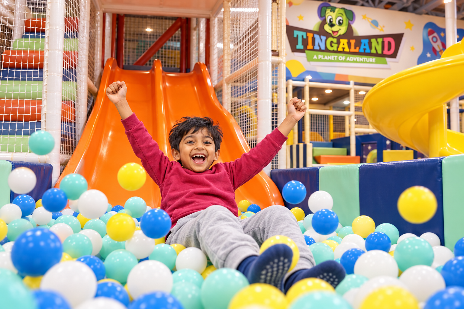 Drop slide 8 Boy celebrating a soft ball-pit landing after the drop slide