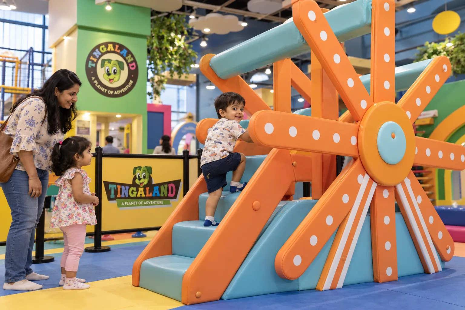 Toddlers taking turns at the tingaland ferris wheel slide