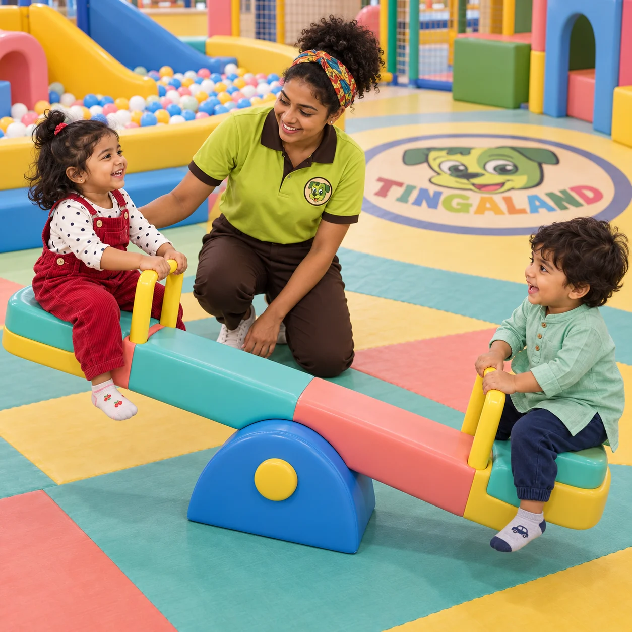 Overhead view of two toddlers balancing with a headband-wearing tingaland attendant