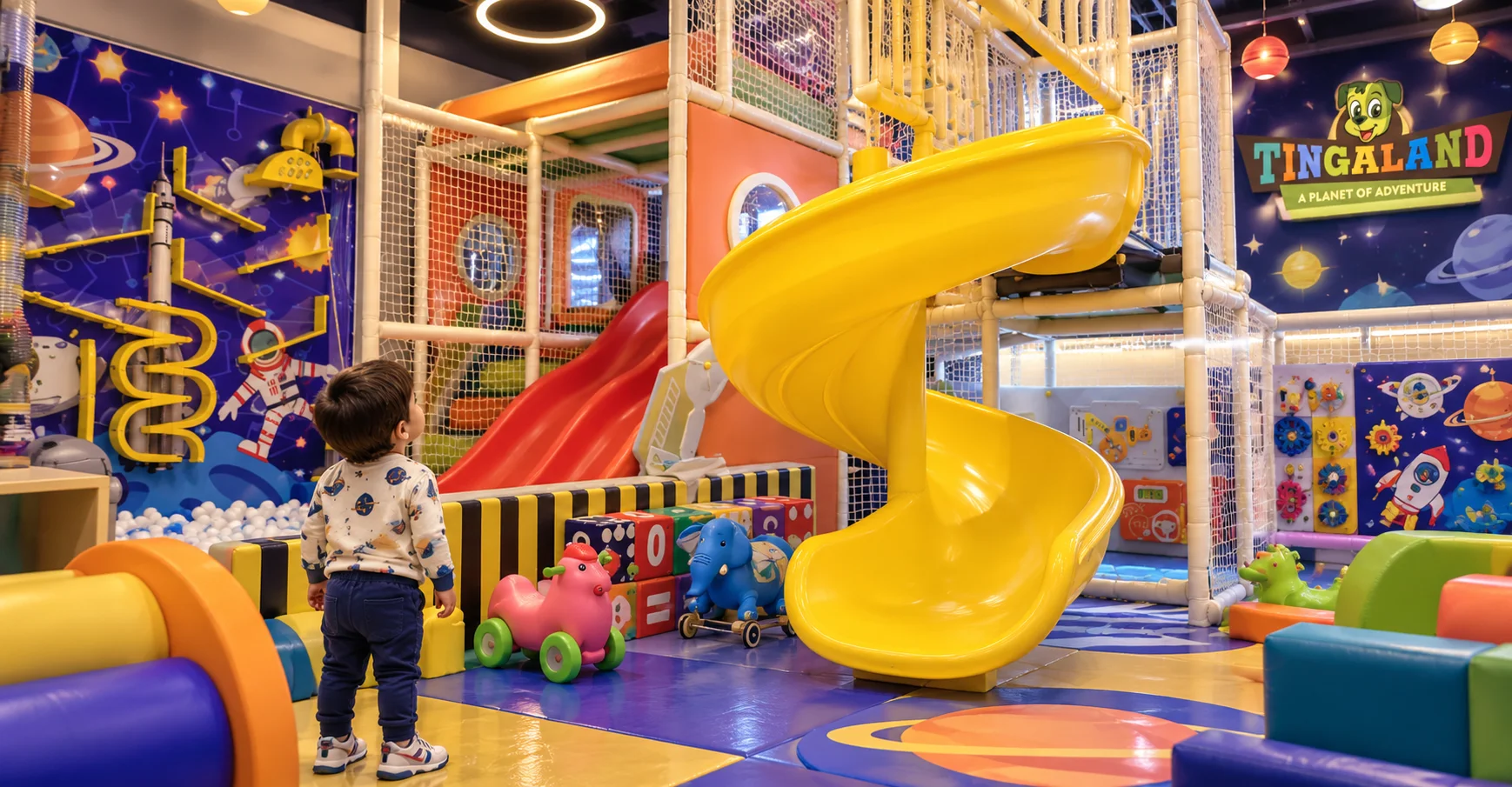 Toddler spiral slide 6 Wide view of the tingaland yellow spiral slide and colourful toddler play zone
