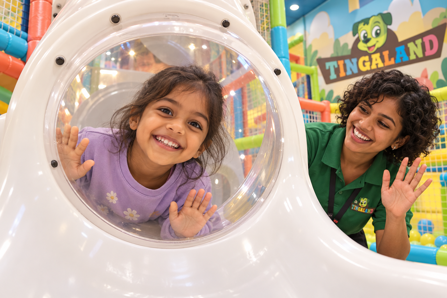 A child and tingaland team member smiling through a tube slide window
