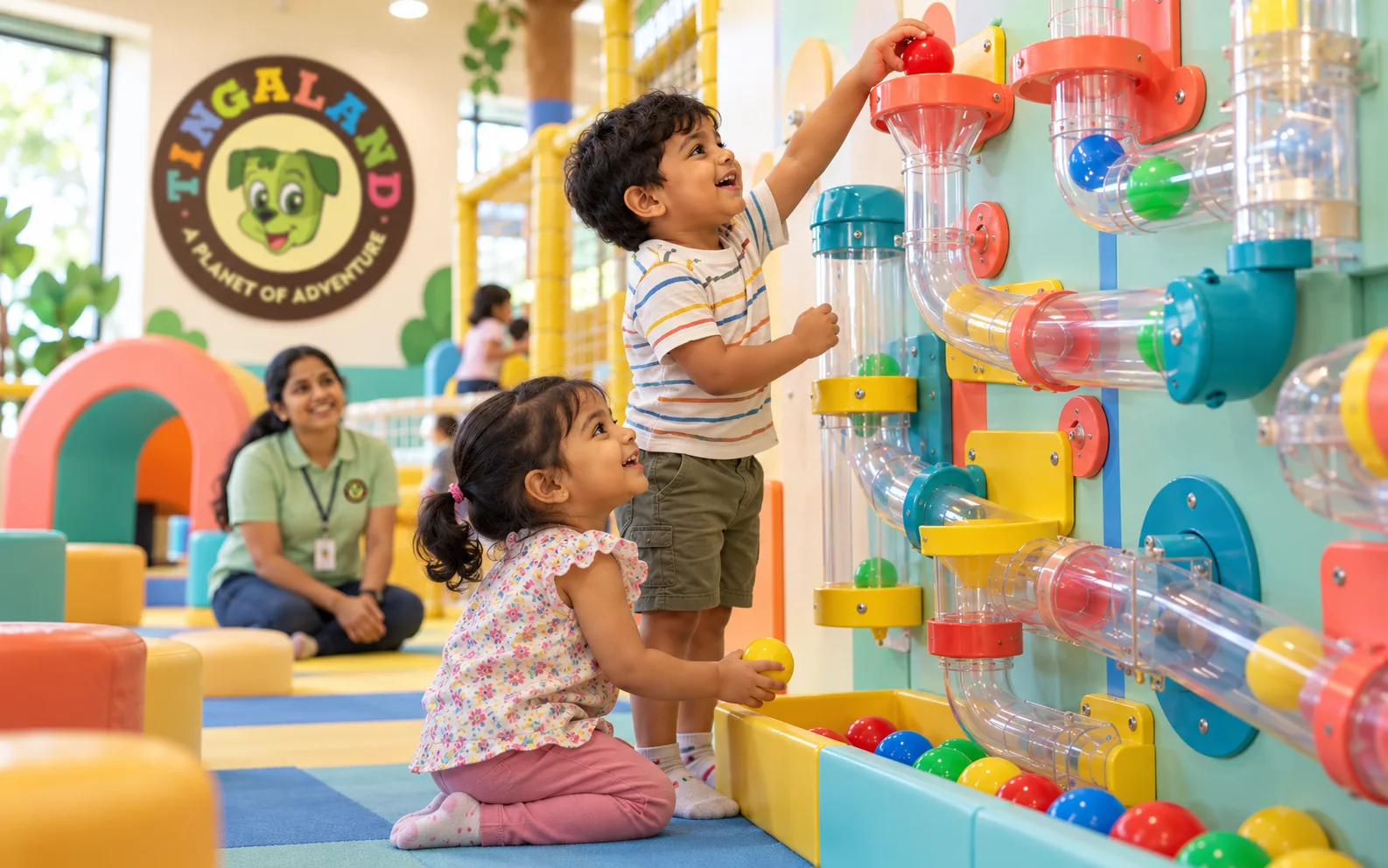 Toddlers take turns at the tingaland ball maze