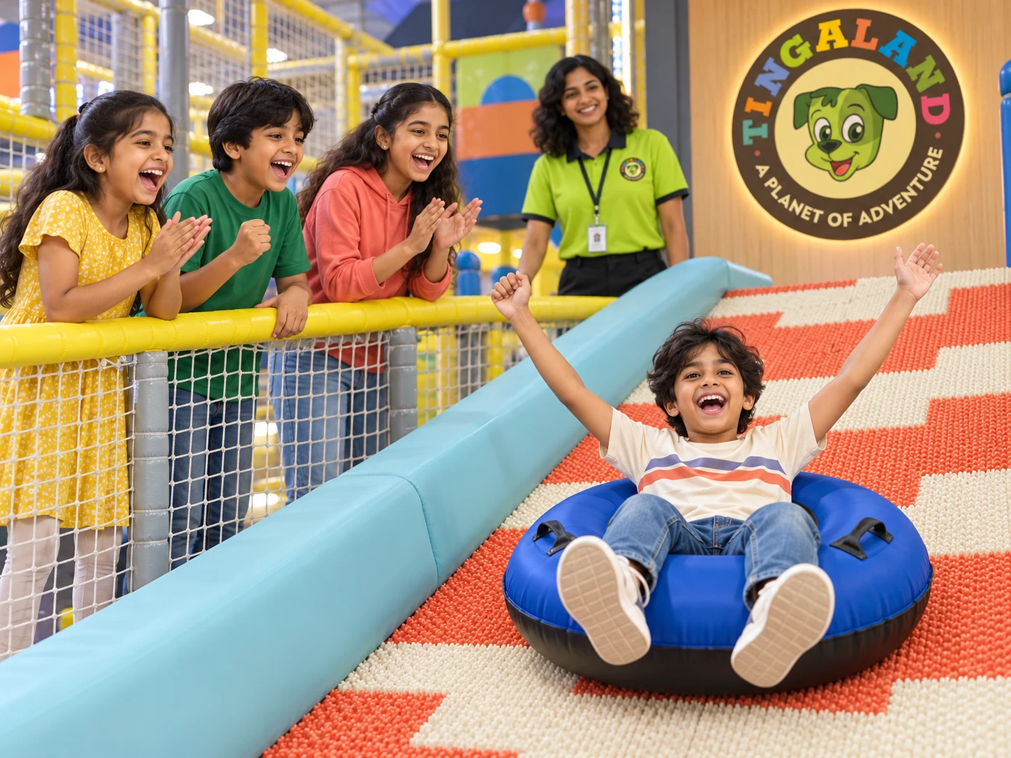 Three friends cheering for a child riding the tingaland donut slide