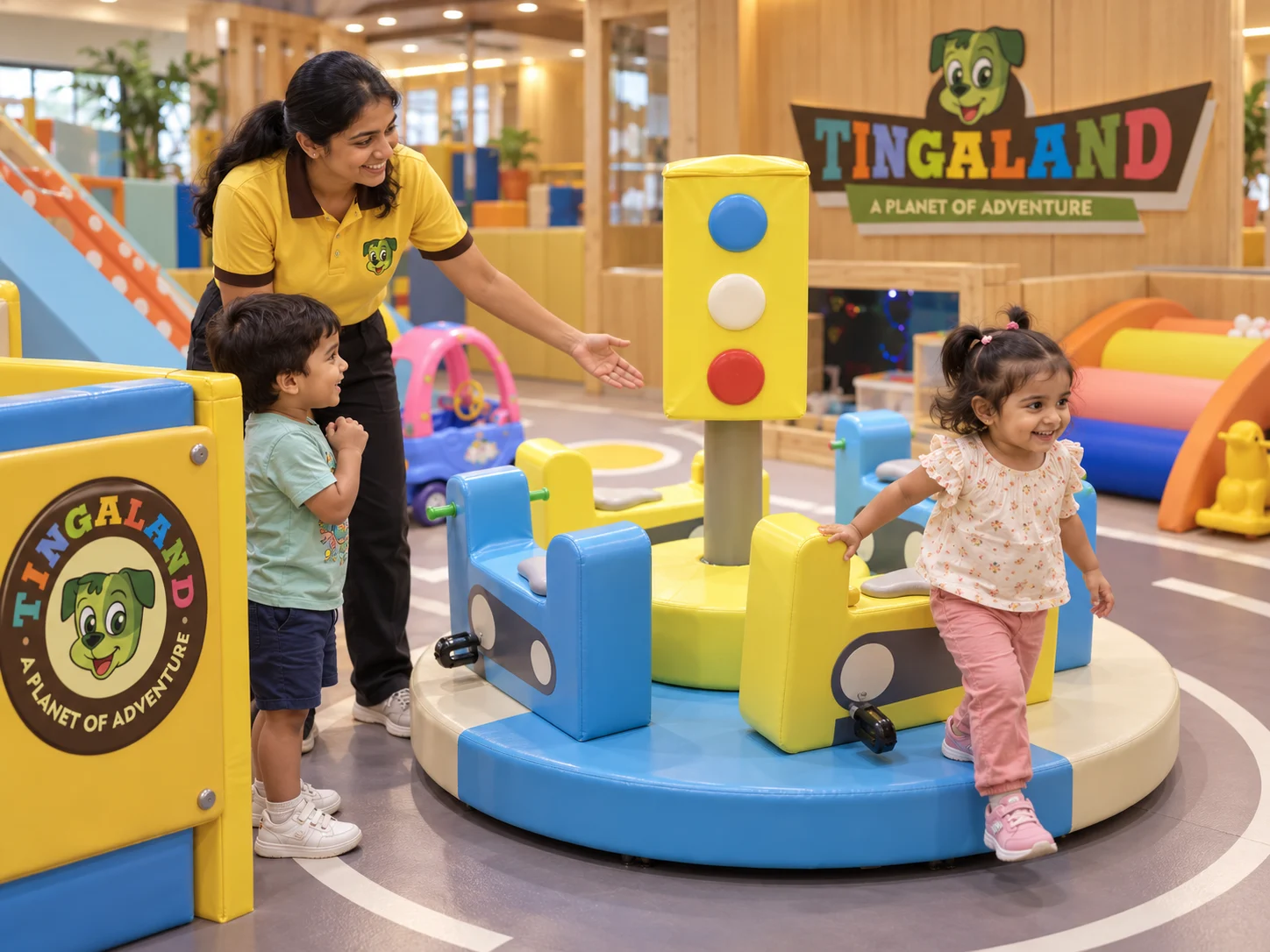 Toddlers taking turns with a tingaland facilitator