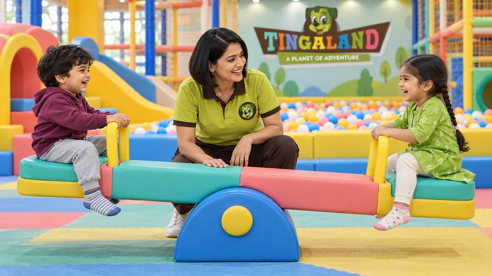 Full side view with a bob-haired tingaland attendant and two toddlers on the soft see saw