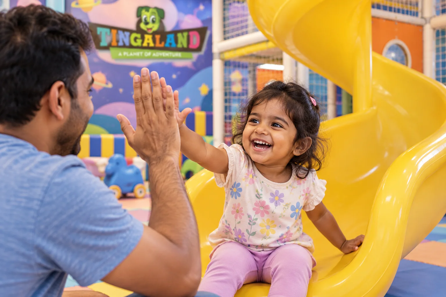 Toddler spiral slide 8 Girl celebrates her slide ride with a high five from her father
