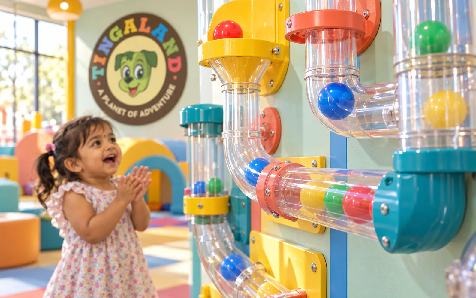 Child smiles at colourful balls in clear maze tubes