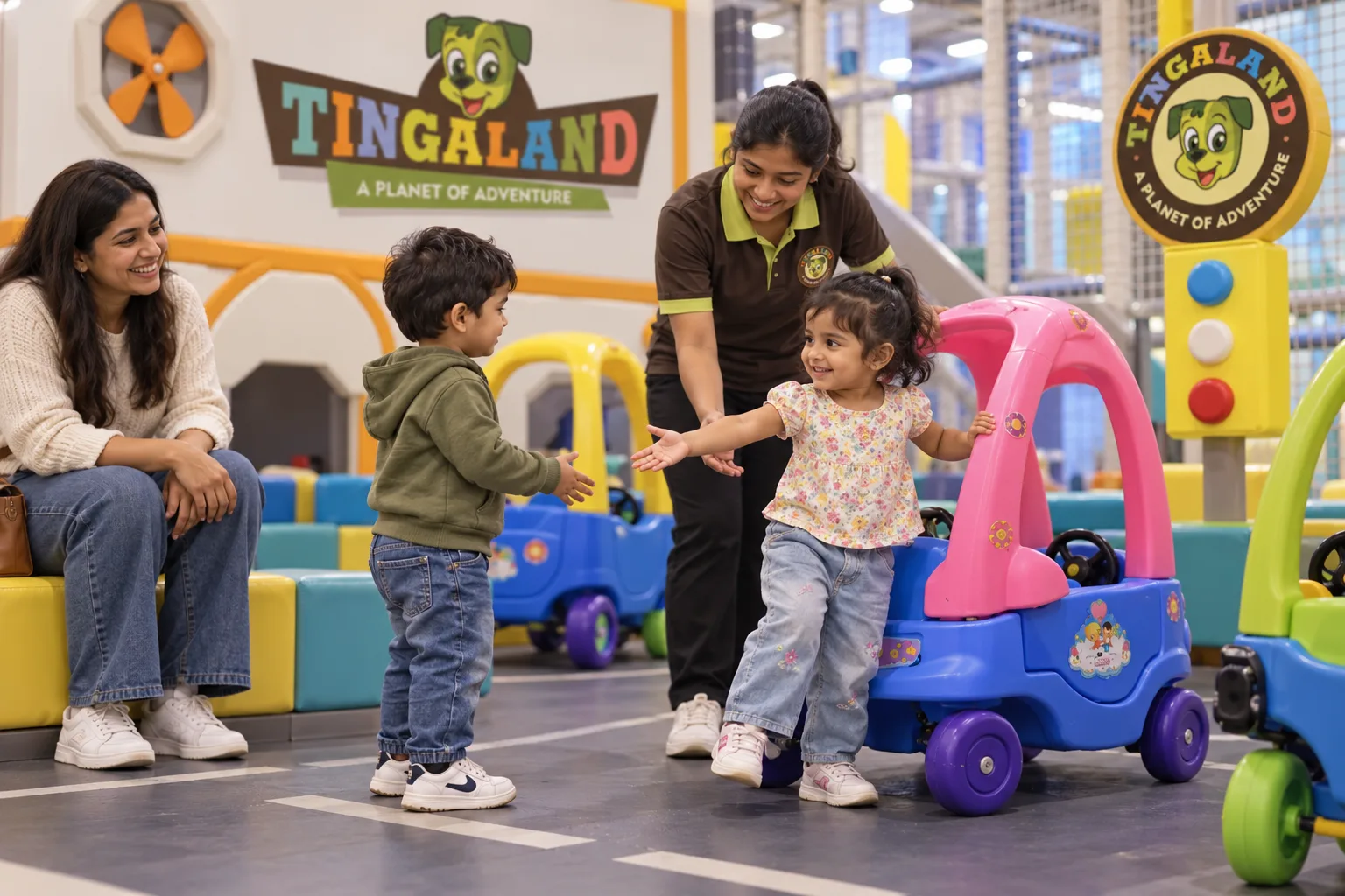 Toddlers taking turns with tingaland kiddy cars