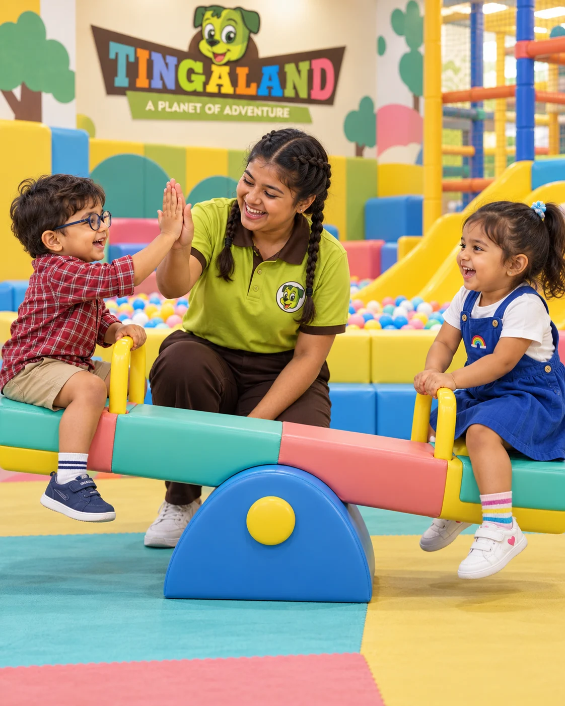 A french-braided tingaland attendant and two toddlers celebrate with a high five