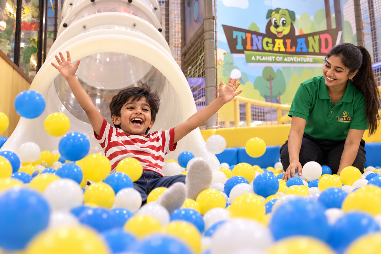 A child arriving happily in the soft tube slide landing area