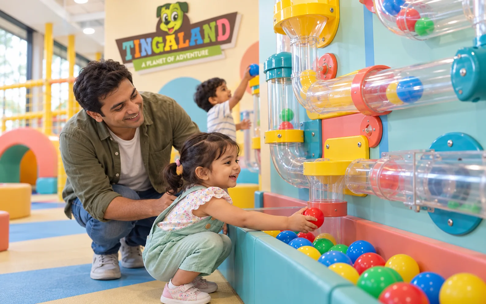 Toddler discovers where her ball finishes with her father nearby
