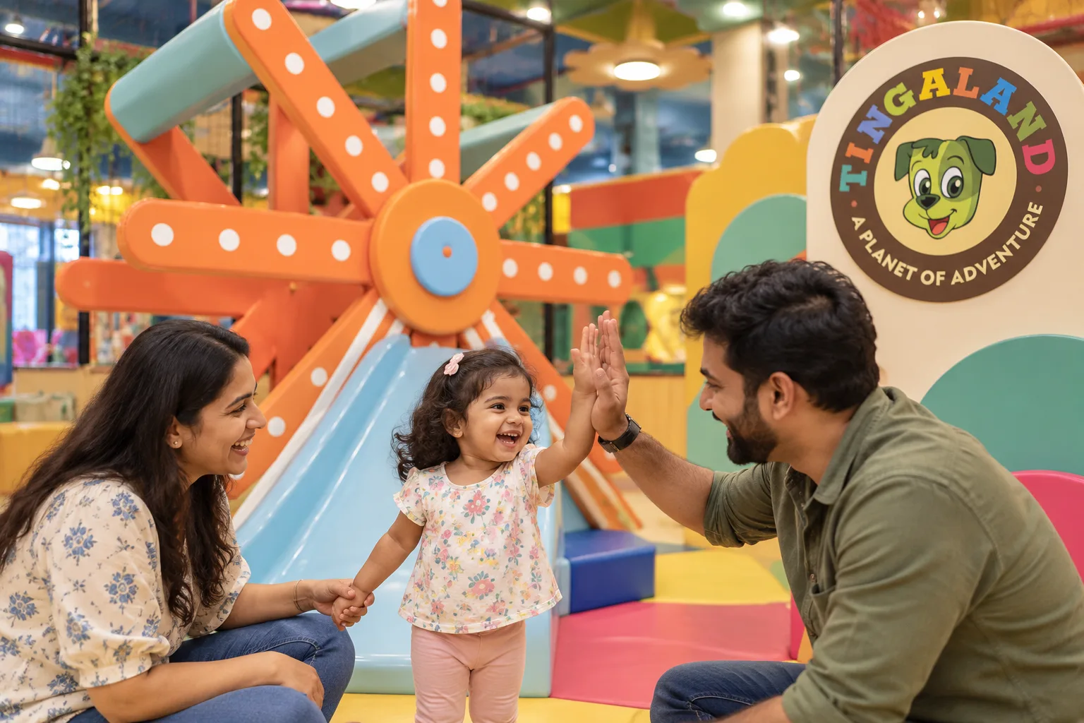 Toddler and parents celebrating beside the tingaland ferris wheel slide