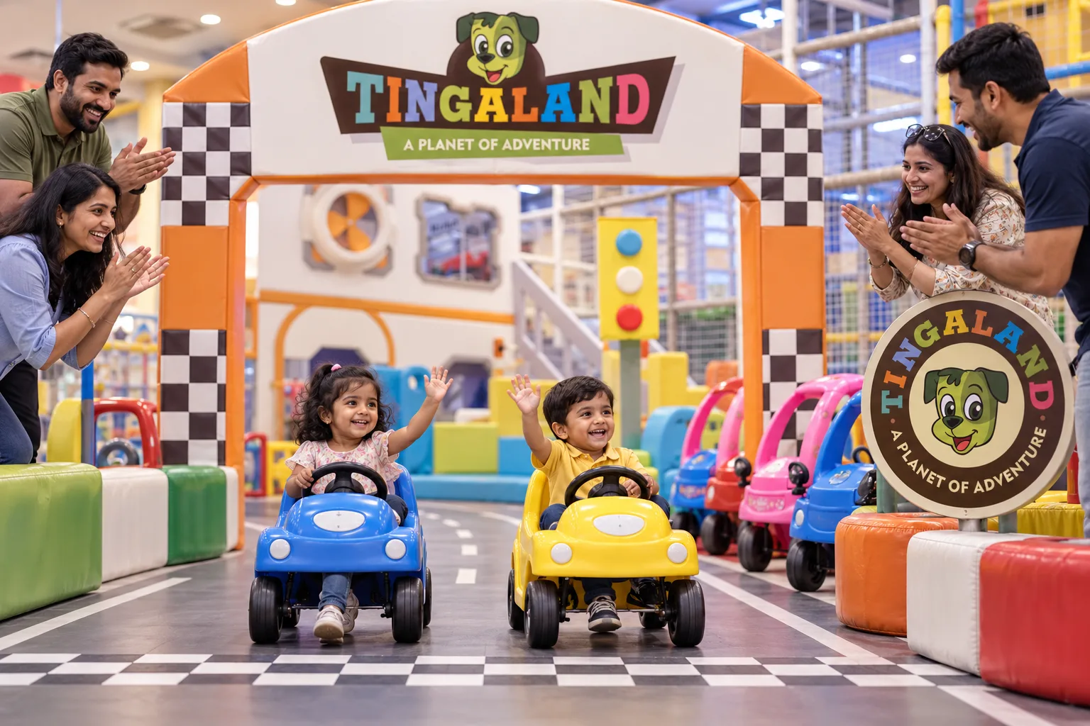 Families celebrating at the tingaland kiddy cars finish line