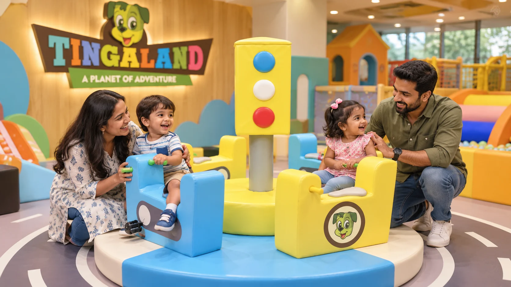Families celebrating a happy merry go round moment at tingaland