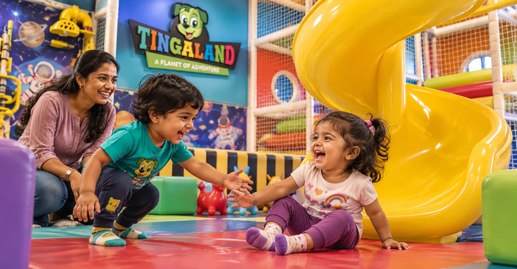 Toddler spiral slide 9 Two toddlers laugh together near the spiral slide with a parent supervising