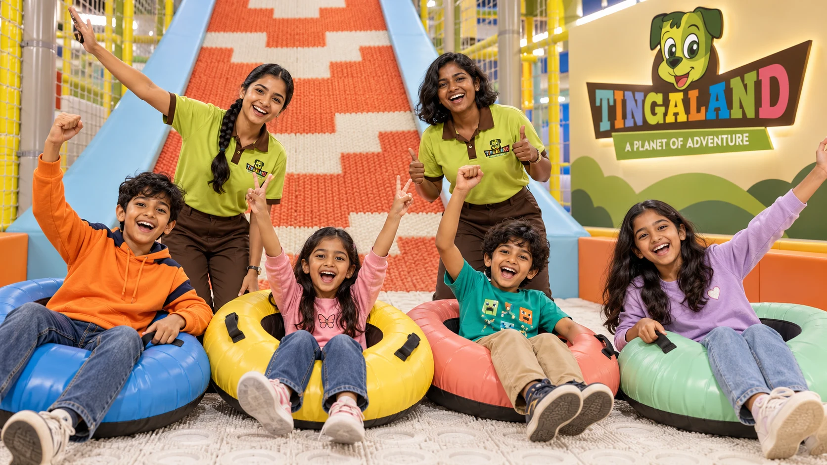 Group of children and two different tingaland play attendants celebrating beside colourful donut rings