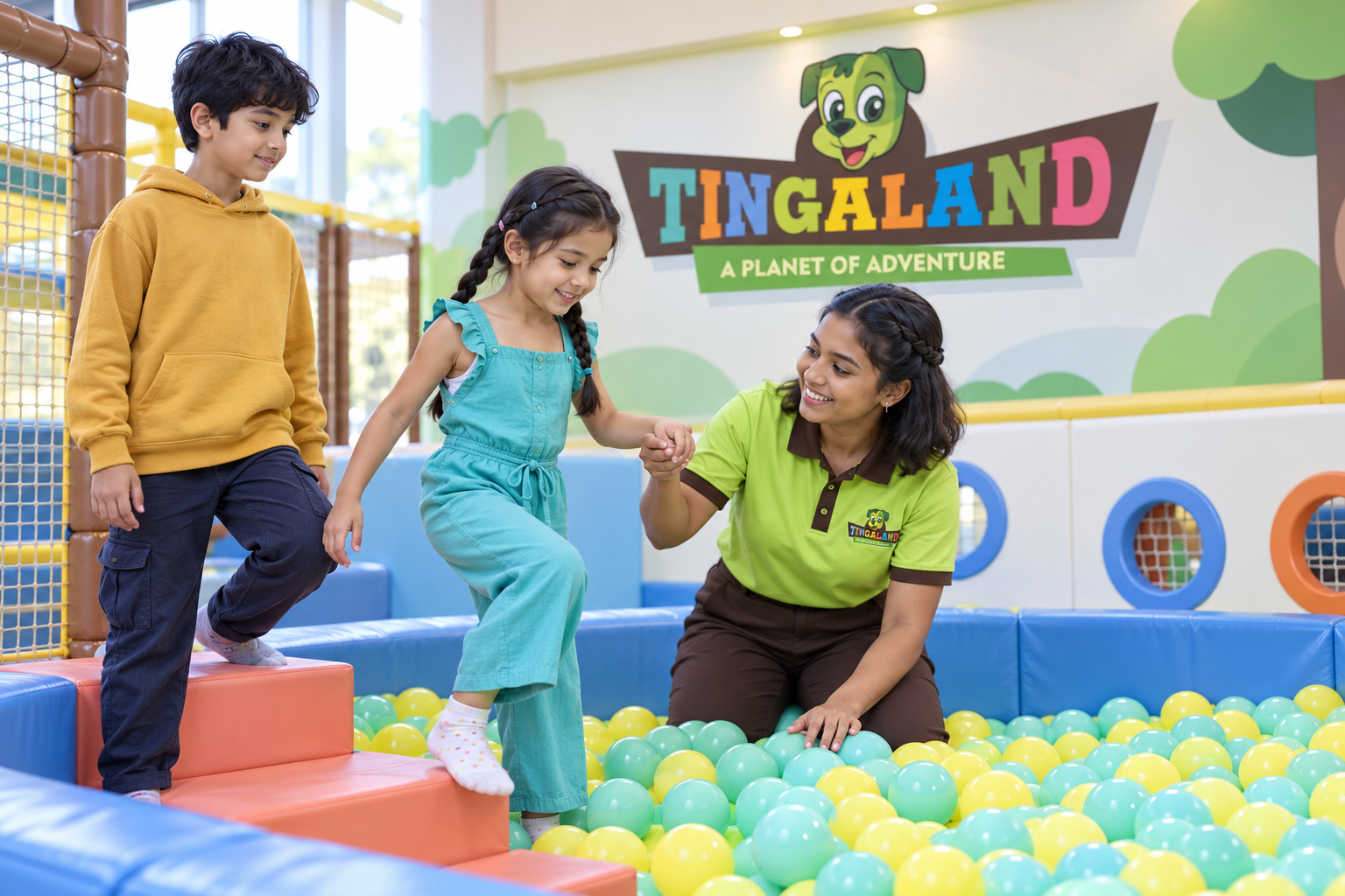 Ball pool 25 A female tingaland helper guiding children safely into the ball pool
